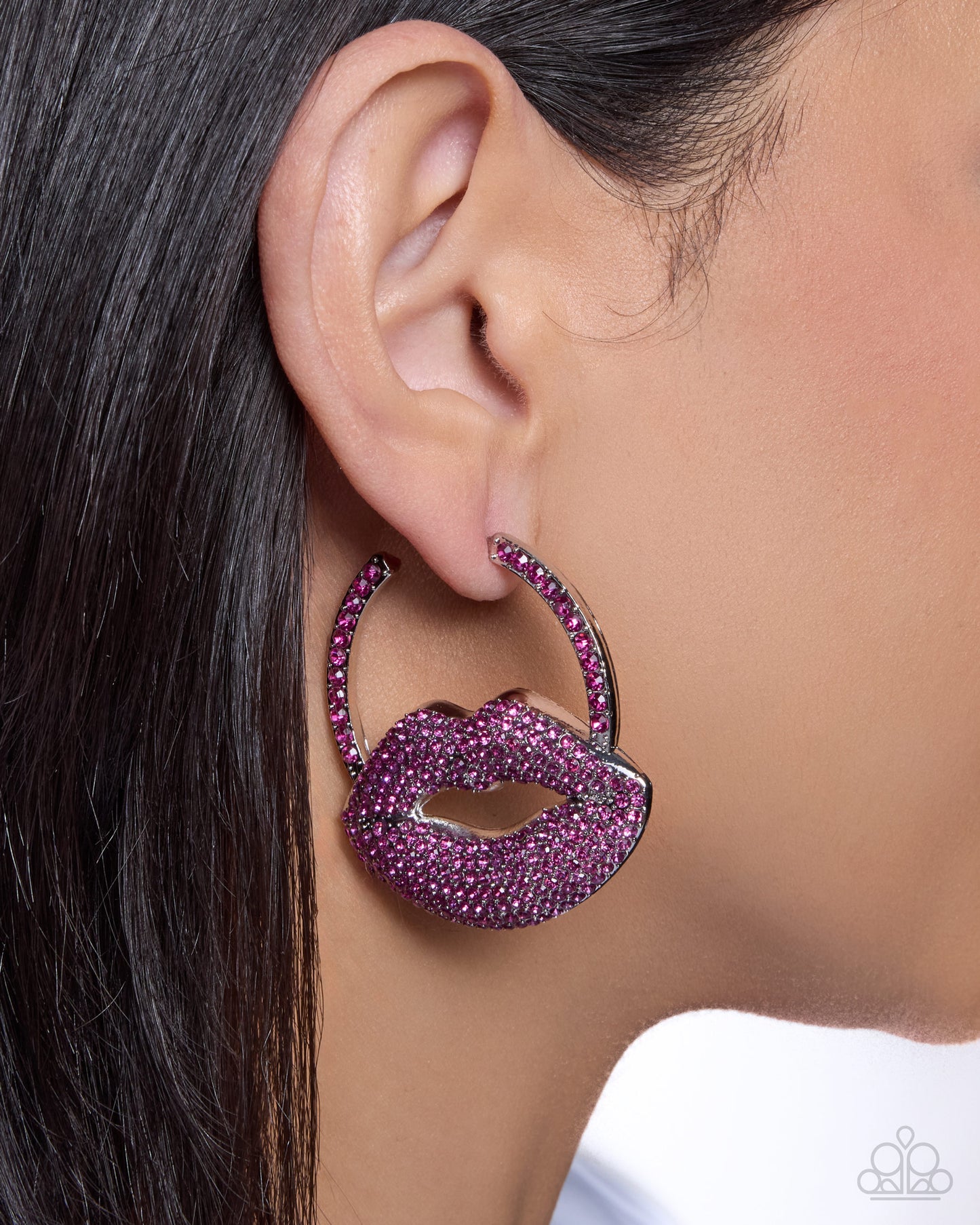 Paparazzi Valentines Date - Pink Fuchsia Rhinestone Lip 1 1/2 Inch Hoop Earring