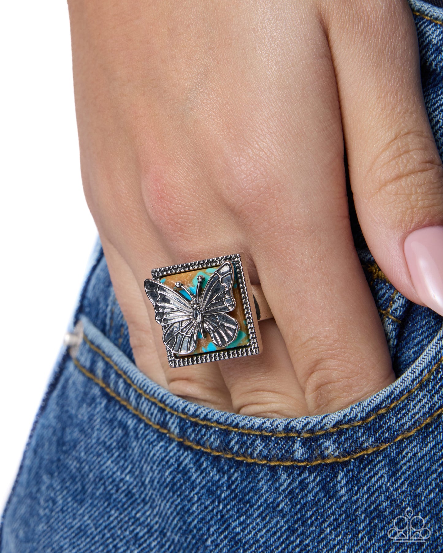 Paparazzi Aerial Avant-Garde - Brown Multicolored Backdrop Silver Butterfly Ring
