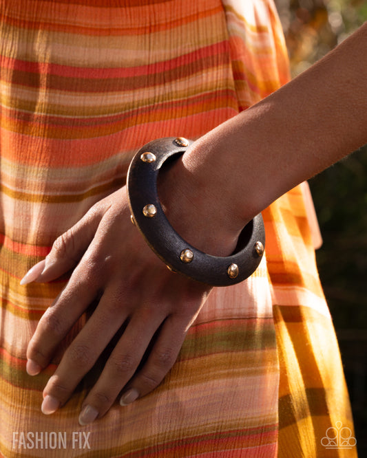 Paparazzi Sunshine Studs - Gold & Dark Brown Wood Texture Bangle Bracelet