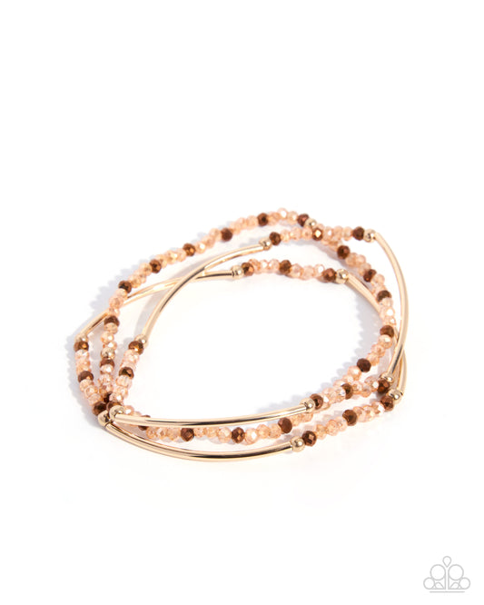 Paparazzi Faceted Fame - Brown Topaz, Gold Bead Set Of 3 Stretch Bracelets