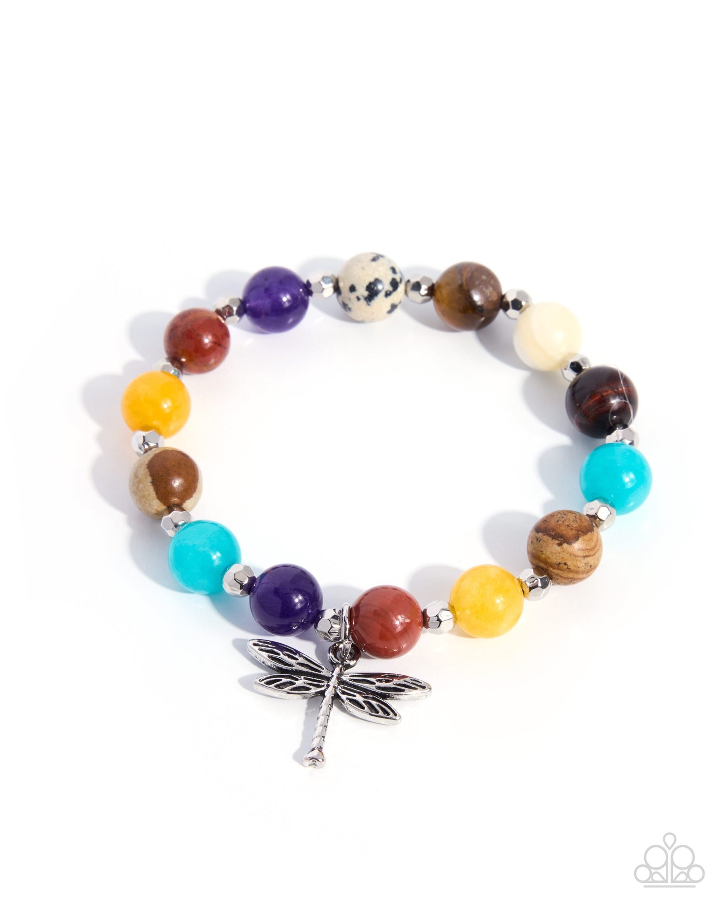 Paparazzi Dragonfly Delay - Multicolored Stone & Silver Dragonfly Stretch Bracelet