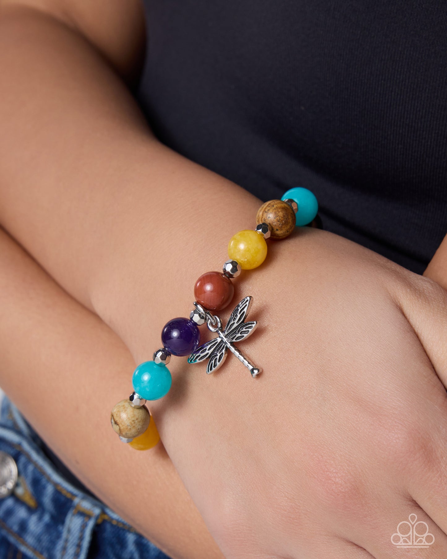 Paparazzi Dragonfly Delay - Multicolored Stone & Silver Dragonfly Stretch Bracelet
