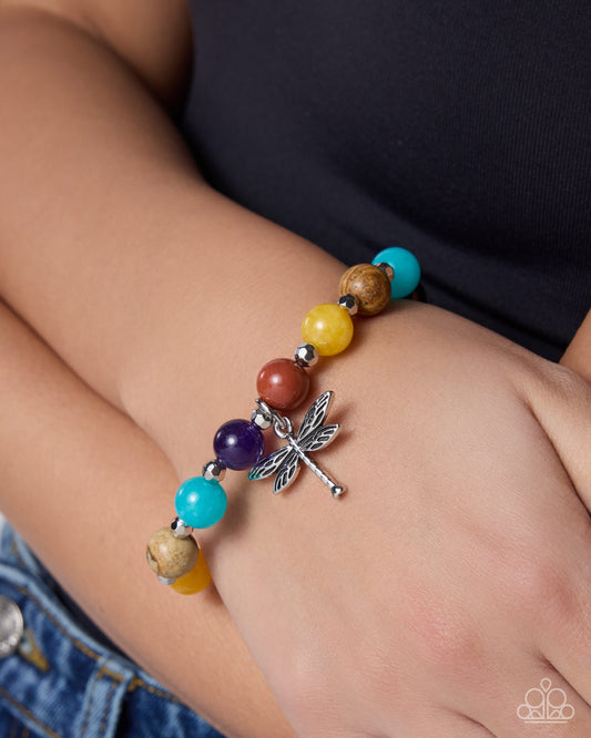 Paparazzi Dragonfly Delay - Multicolored Stone & Silver Dragonfly Stretch Bracelet B2721