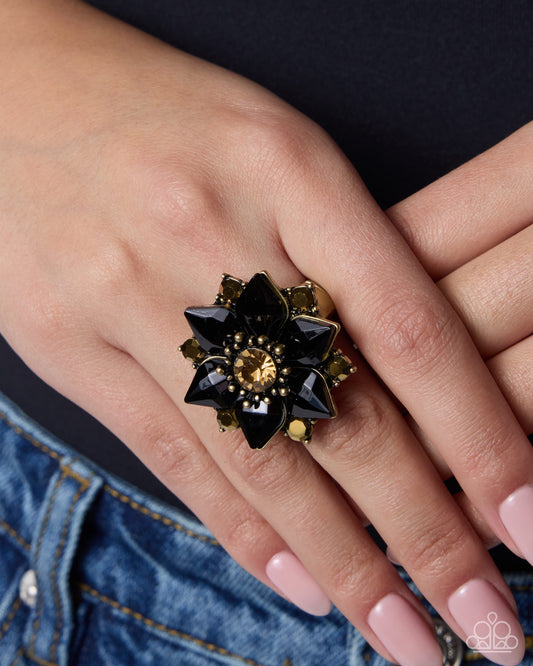 Paparazzi Smooth Singularity - Brass, Aurum Rhinestone & Topaz Gem Flower Ring