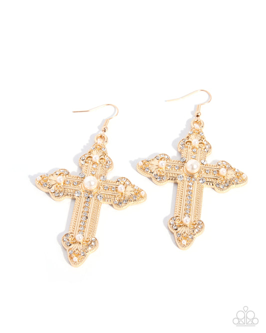 Paparazzi Celestial Certainty - Gold & White Pearl Oversized Cross Earring