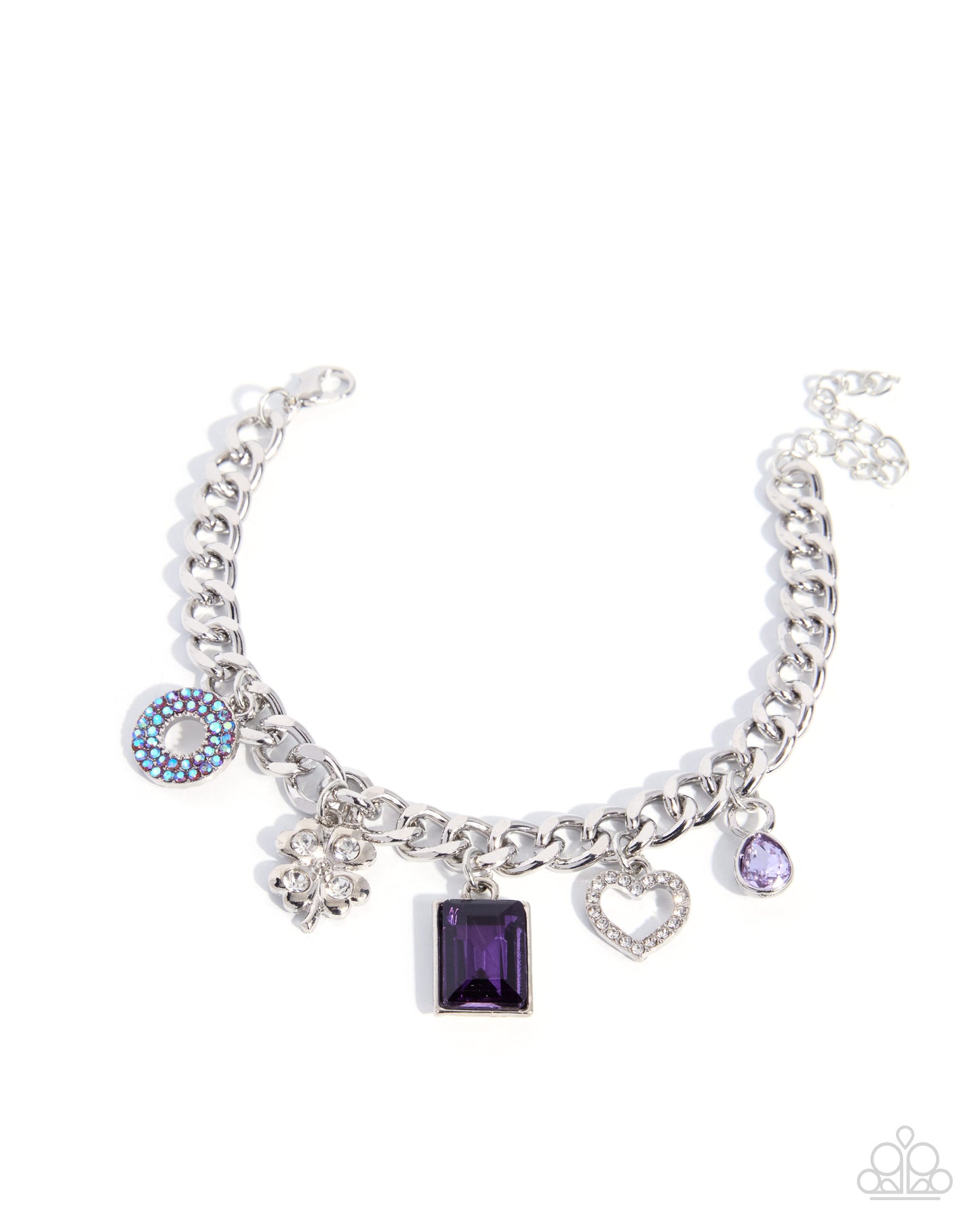 Paparazzi Neoclassical Need - Purple Amethyst Rhinestone Silver Clover, Heart Charm Style Bracelet