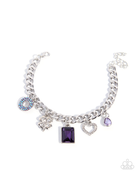 Paparazzi Neoclassical Need - Purple Amethyst Rhinestone Silver Clover, Heart Charm Style Bracelet