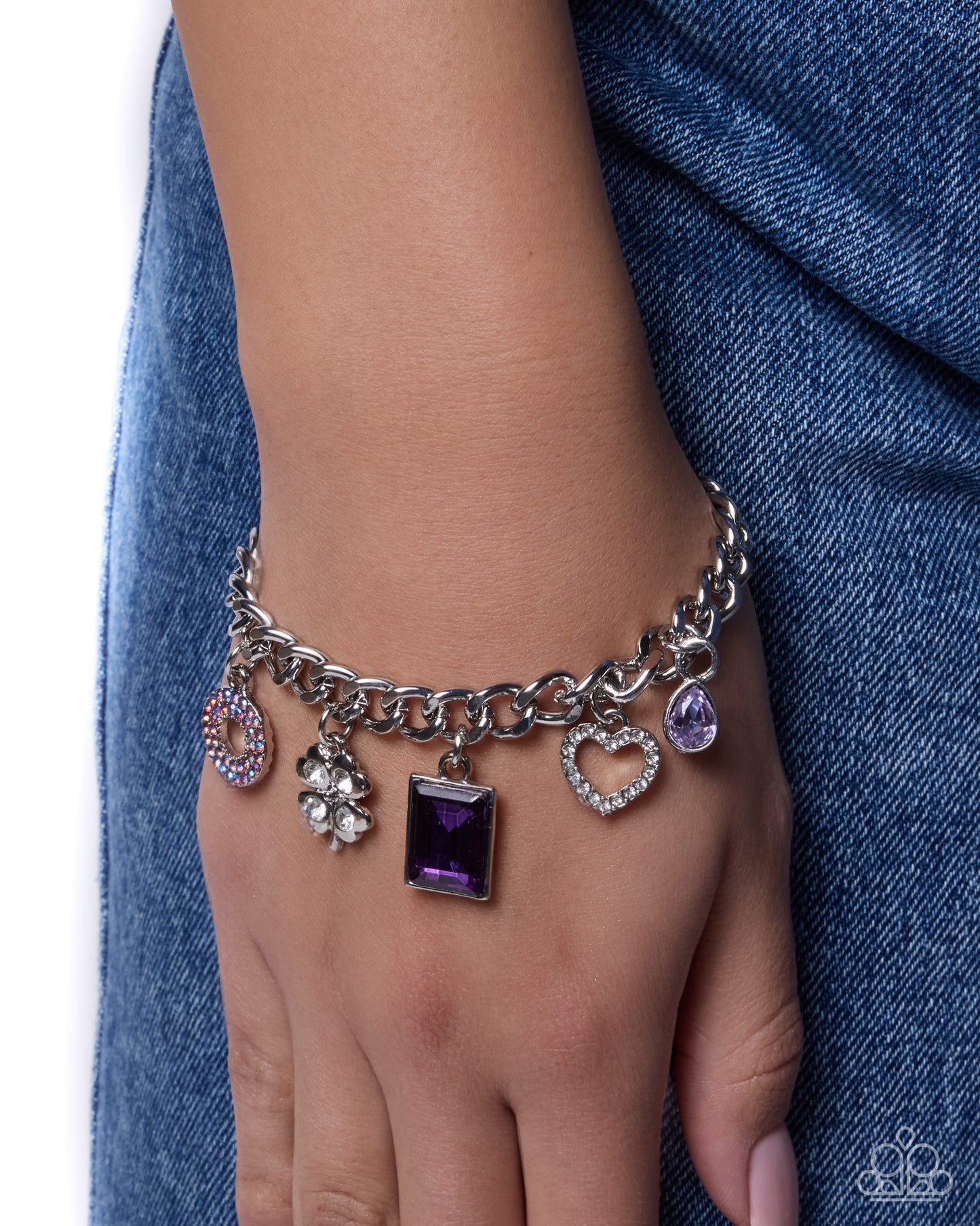 Paparazzi Neoclassical Need - Purple Amethyst Rhinestone Silver Clover, Heart Charm Style Bracelet