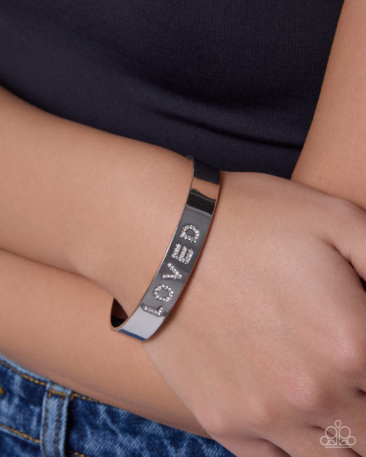 Paparazzi Unconditionally Loved - White Rhinestone "Loved" Silver Cuff Inspirational Bracelet