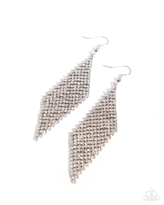 Paparazzi Cascading Cotillion - White Rhinestone Diamond Shape Silver Earring