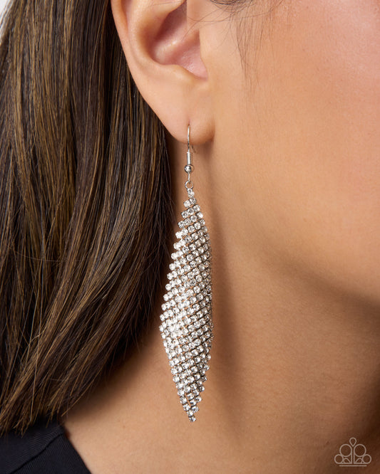 Paparazzi Cascading Cotillion - White Rhinestone Diamond Shape Silver Earring