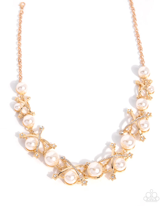 Paparazzi Poised Promenade - Gold, White Rhinestone Necklace