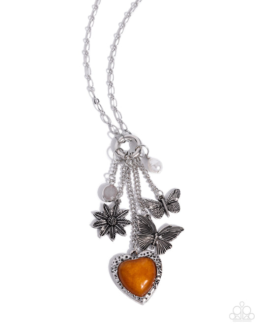 Paparazzi Whimsical Wealth - Orange Stone Heart, Silver Butterfly Santa Fe Style Necklace