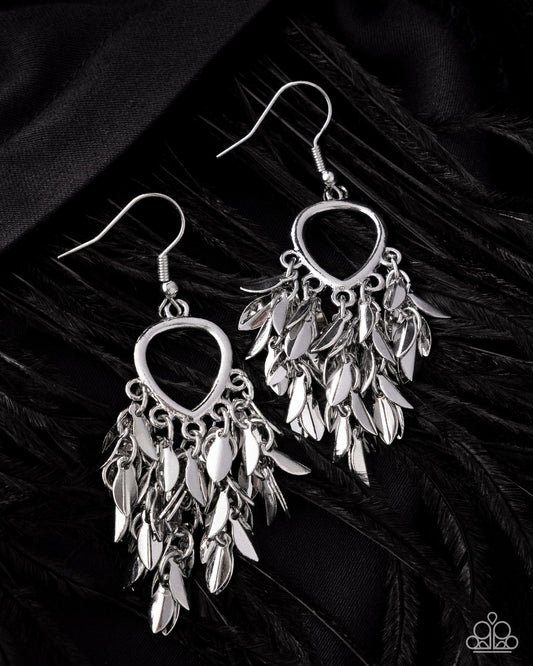 Paparazzi Fringe Freestyle - Silver High Sheen Dainty Leaves Fringe Earring