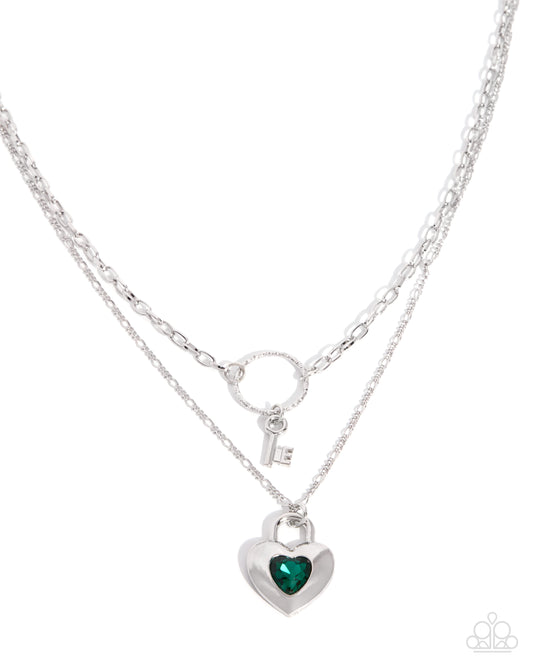 Paparazzi Unlocking More - Green Emerald Heart Gem Silver Layered Necklace