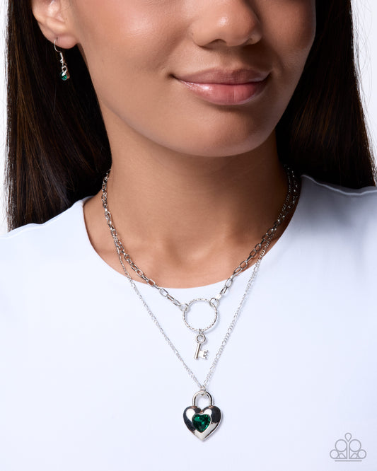 Paparazzi Unlocking More - Green Emerald Heart Gem Silver Layered Necklace