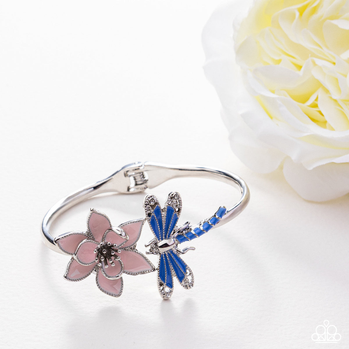 Paparazzi Whimsical Wrap - Pink Flower Blue Dragonfly Hinged Bracelet