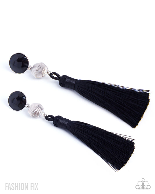 Paparazzi Sassy Shift - Black Glossy Acrylic Post & Black String Tassel Earring Fashion Fix September 2026