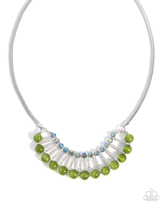 Paparazzi Spellbinding Shine - Green Cat's Eye White Rhinestone Necklace