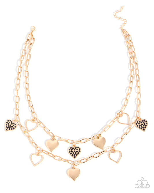 Paparazzi Girlfriend Privileges - Black Rhinestone Gold Heart Layered Necklace