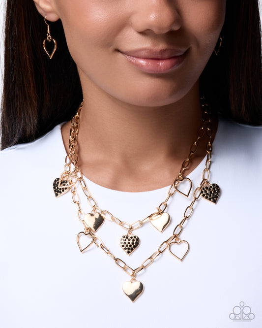 Paparazzi Girlfriend Privileges - Black Rhinestone Gold Heart Layered Necklace