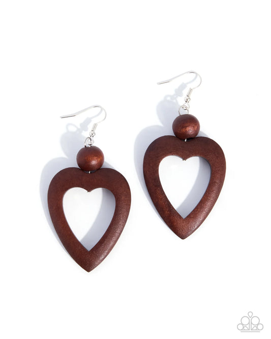 Paparazzi WOOD You Be My Valentine? - Brown Wooden Heart Earrings - 2026 Convention Exclusive
