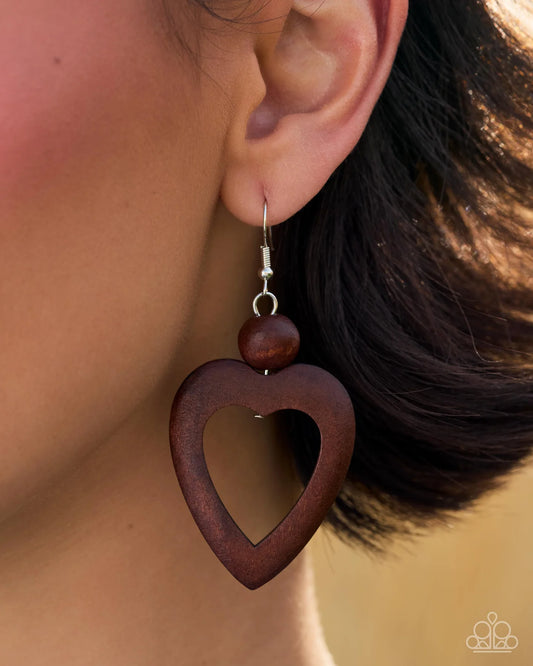 Paparazzi WOOD You Be My Valentine? - Brown Wooden Heart Earrings - 2026 Convention Exclusive