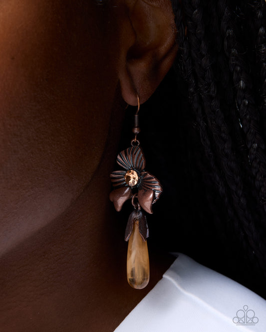 Paparazzi Flourishing Finish - Copper Flower, Light Peach Rhinestone & Peach Acrylic Teardrop Earring