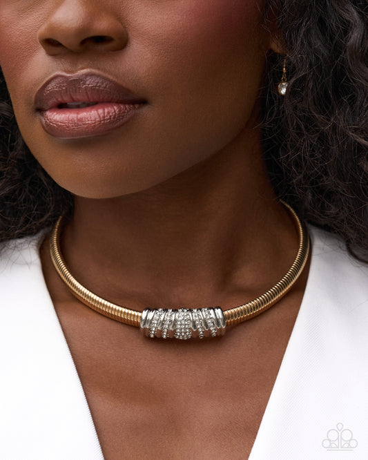 Paparazzi Shifting Lanes - Multi Gold Coil Chain White Rhinestone Silver Bar Necklace 2026 Convention Exclusive