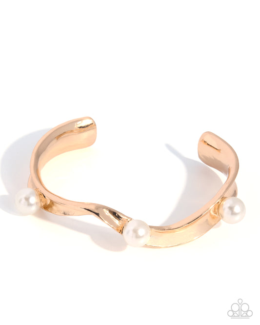 Paparazzi Cherished Chronology - Gold & White Glossy Pearl Curvy Cuff Bracelet