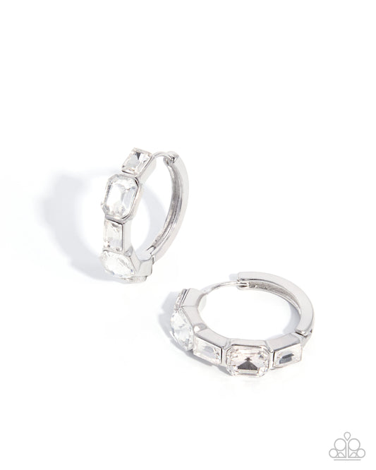 Paparazzi Operatic Overture - White Gem Silver 1 Inch Hinge Hoop Earring  2026 Convention Exclusive