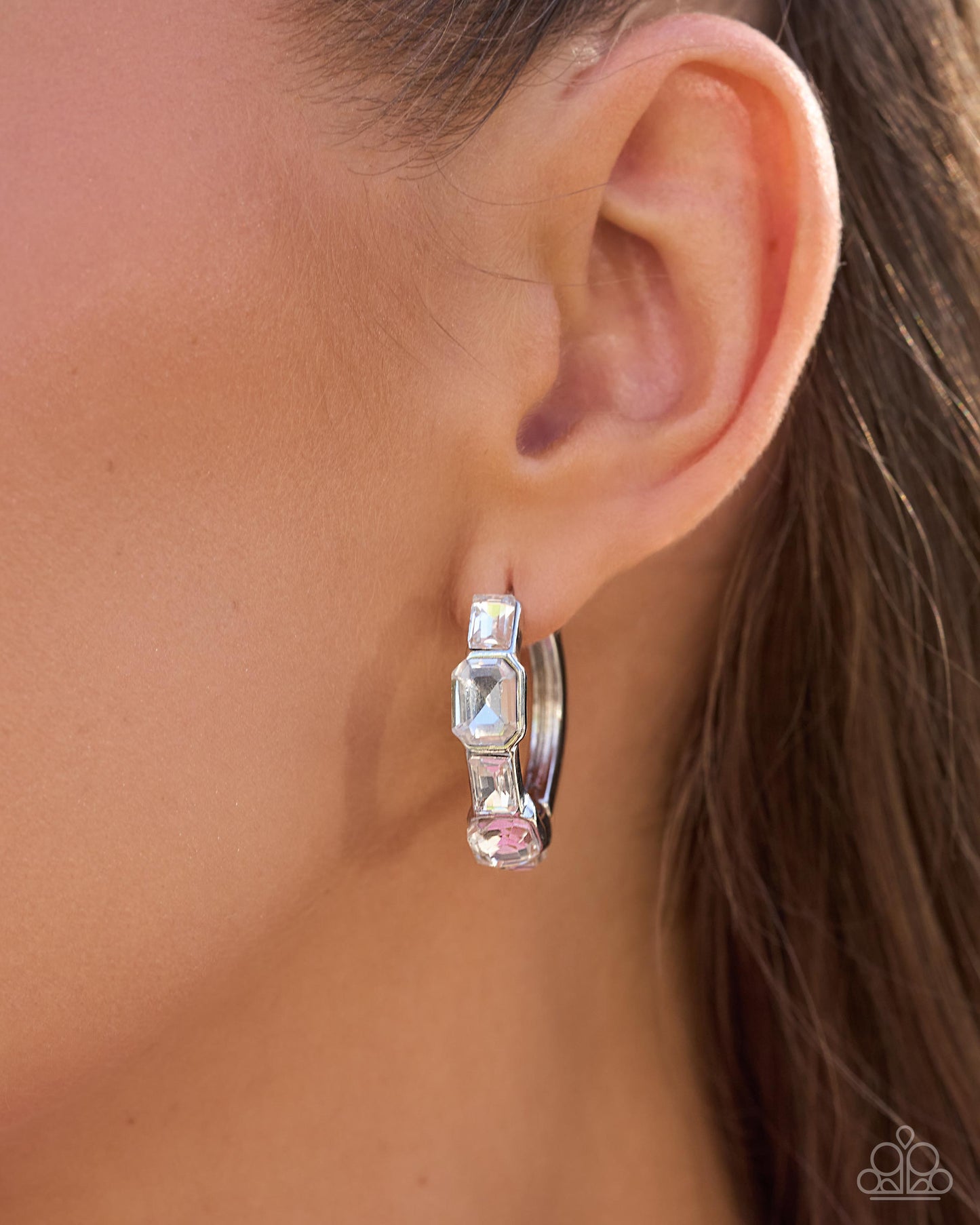 Paparazzi Operatic Overture - White Gem Silver 1 Inch Hinge Hoop Earring  2026 Convention Exclusive
