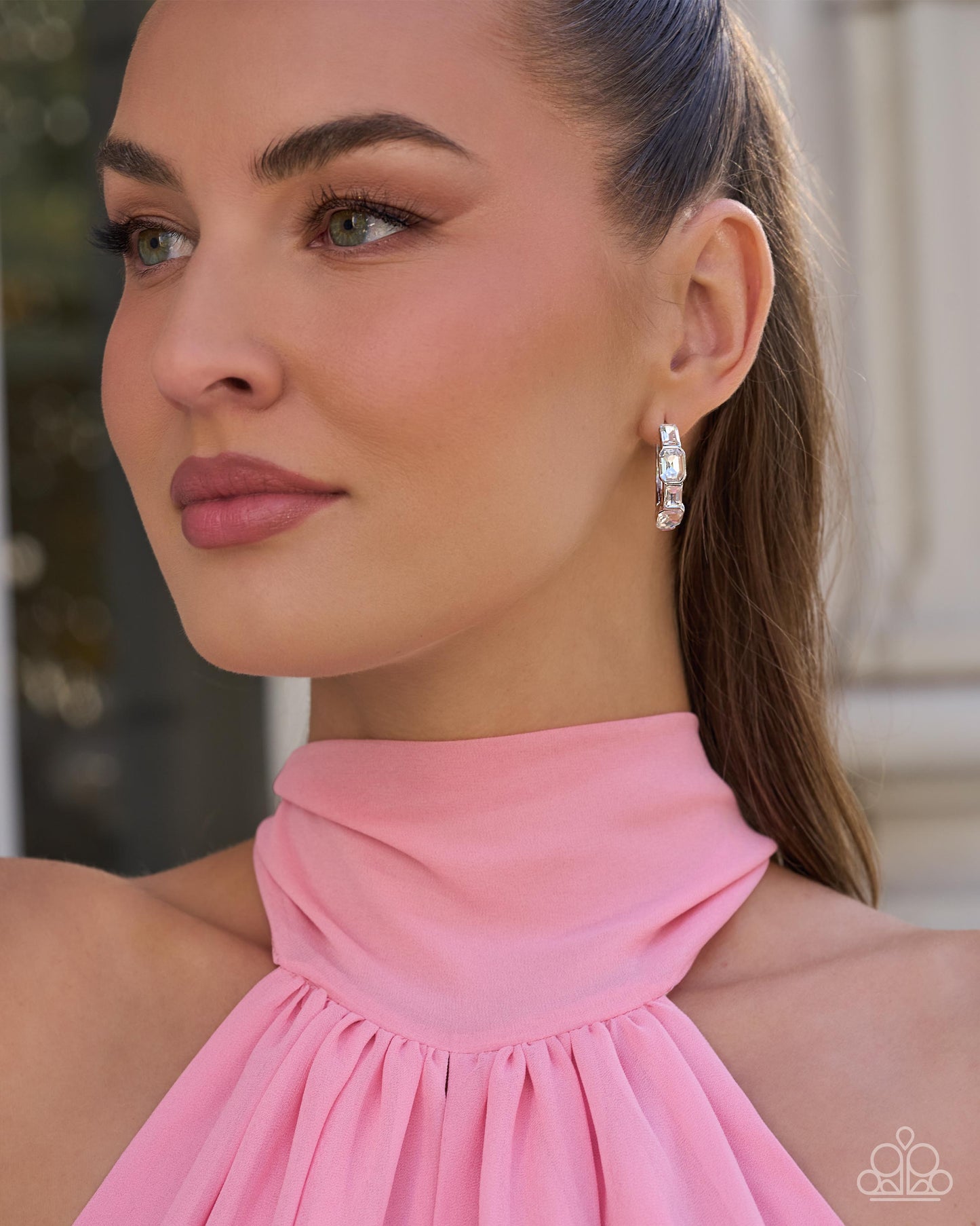 Paparazzi Operatic Overture - White Gem Silver 1 Inch Hinge Hoop Earring  2026 Convention Exclusive