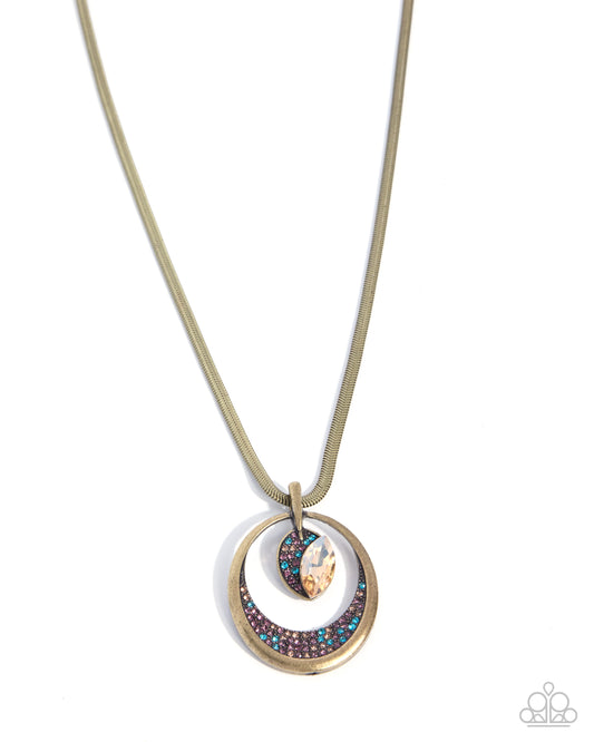 Paparazzi Suspended Stardust - Brass Oval & Light Amethyst, Light Colored Topaz, Aquamarine Rhinestone Pendant Necklace