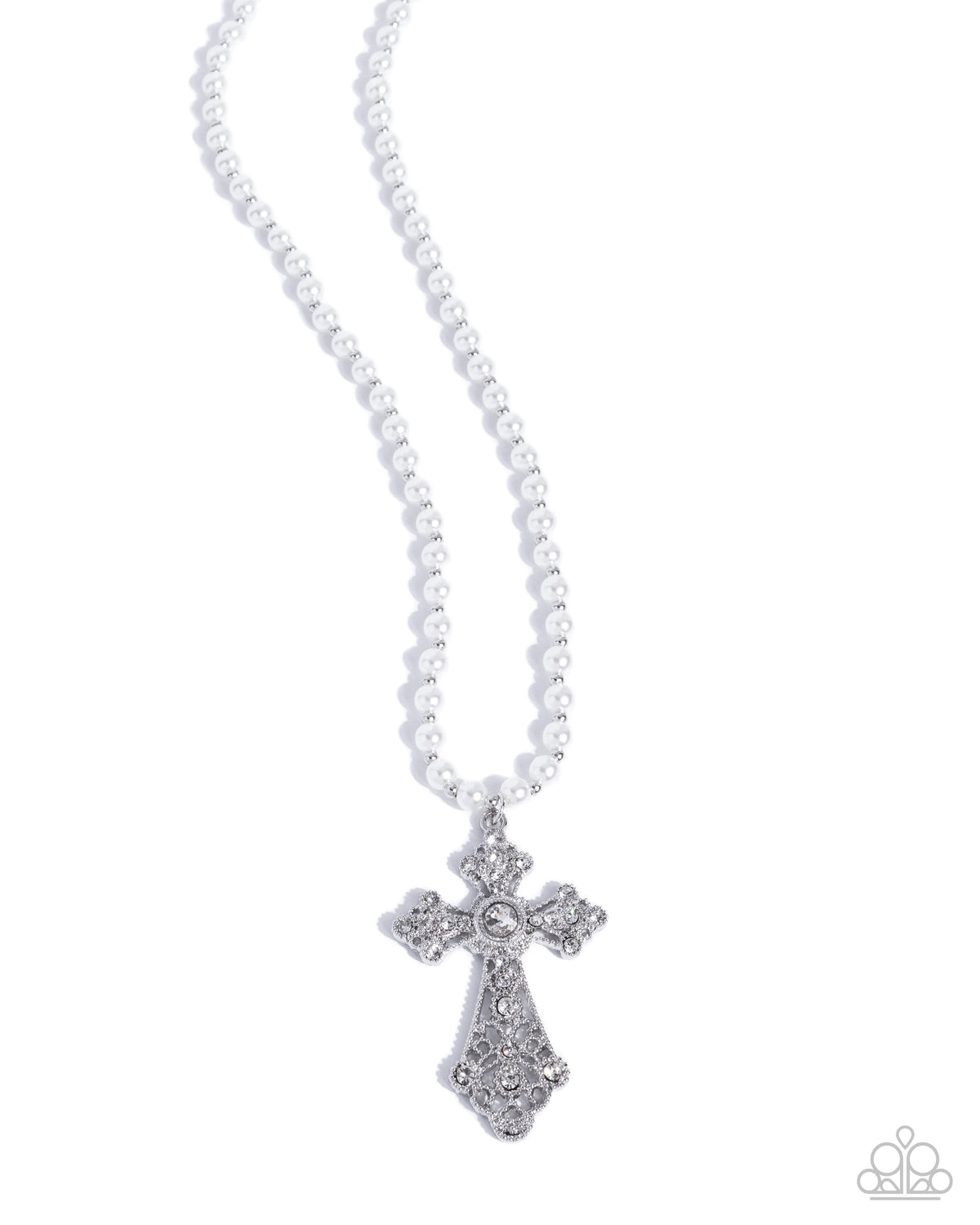 Paparazzi Celestial Combo - White Pearl Silver & White Rhinestone Filigree Cross Necklace