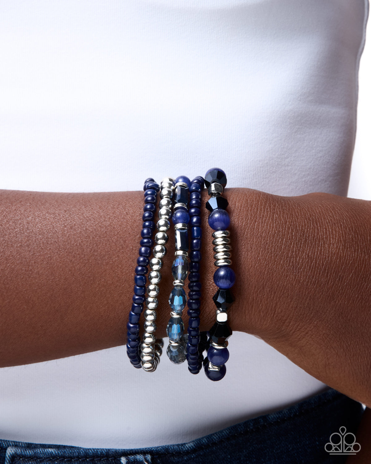 Paparazzi A Beautiful Blend - Blue Navy Blue Seed & Cat's Eye, Silver Bead Set Of 5 Stretch Bracelets