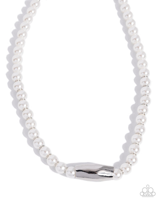Paparazzi Operatic Observation - White Glossy Pearl & Abstract Oversized High Sheen Fitting Necklace
