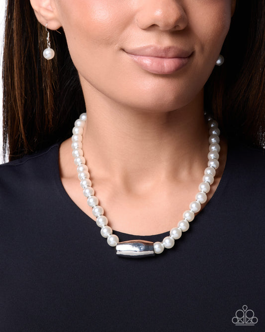 Paparazzi Operatic Observation - White Glossy Pearl & Abstract Oversized High Sheen Fitting Necklace
