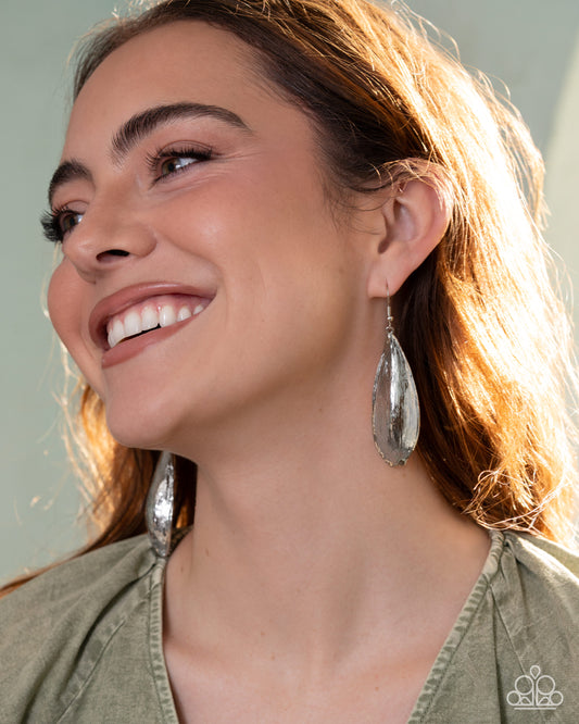 Paparazzi Textured Tone - Silver Linear Textured Elongated Teardrop Earring E3136