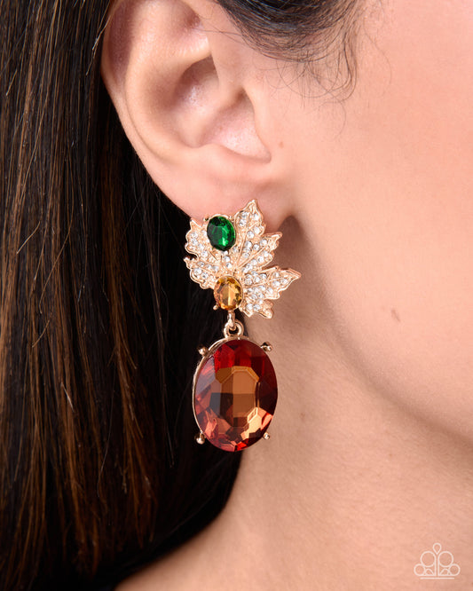 Paparazzi Autumnal Auction - Multi Gold Maple Leaf Topaz Gem Post Earring