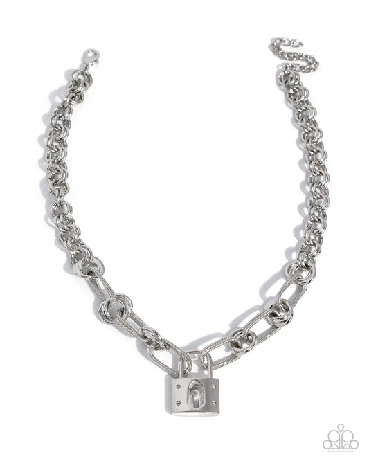 Paparazzi Luminescent Lockdown - Silver Lock Pendant Silver Abstract Chain Necklace 2026 Convention Exclusive