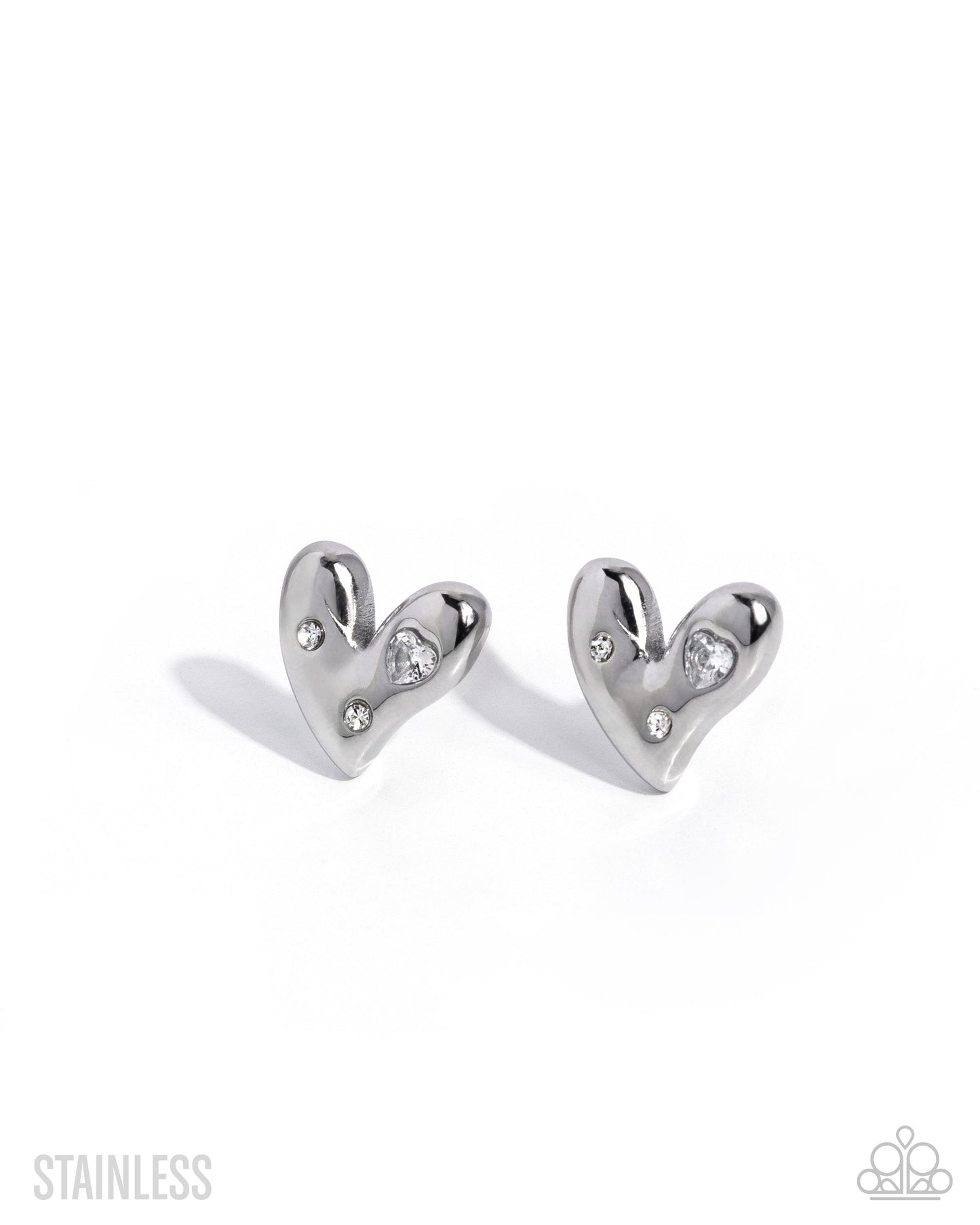 Paparazzi Adorable Act - White Rhinestone Stainless Steel Silver Heart Post Earring 2026 Convention Exclusive
