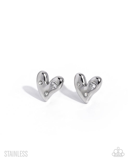 Paparazzi Adorable Act - White Rhinestone Stainless Steel Silver Heart Post Earring 2026 Convention Exclusive
