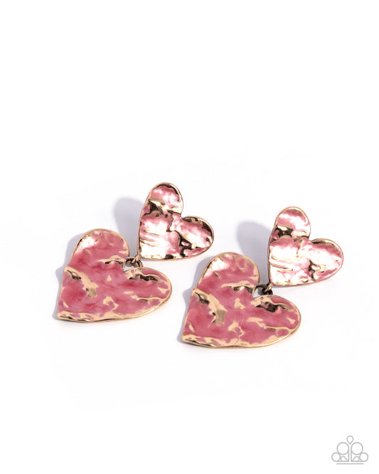 Paparazzi Stunning Sweetheart - Pink Tea Rose Hammered Gold Heart Post Earring E3558