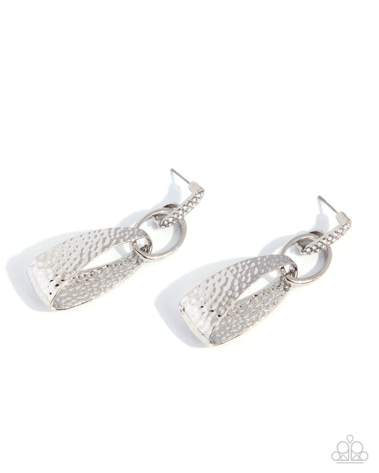 Paparazzi Chic Contrast - White Rhinestone Silver Hammered Earring