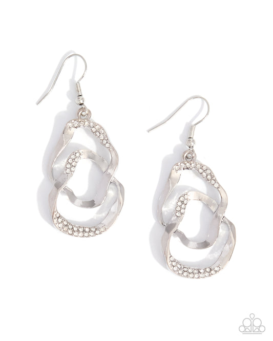 Paparazzi Laid-Back Layers - White Rhinestone Silver Abstract Earring E3561