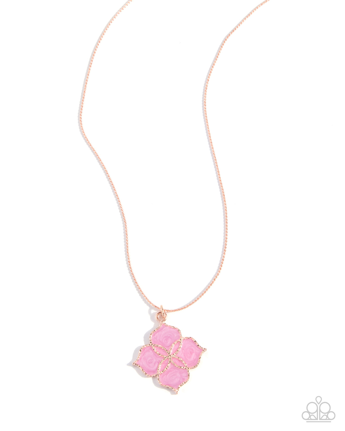 Paparazzi Sunset Shore - Pink Foxglove Pearl Painted Rose Gold Quatrefoil Pendant Necklace & Earring Set