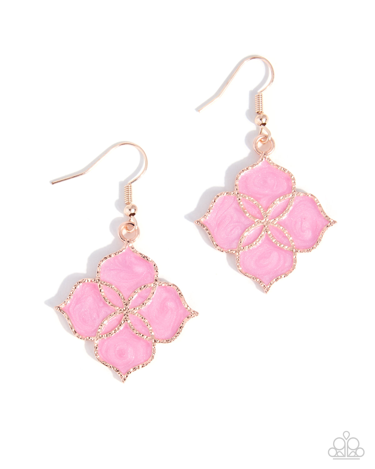 Paparazzi Sunset Shore - Pink Foxglove Pearl Painted Rose Gold Quatrefoil Pendant Necklace & Earring Set