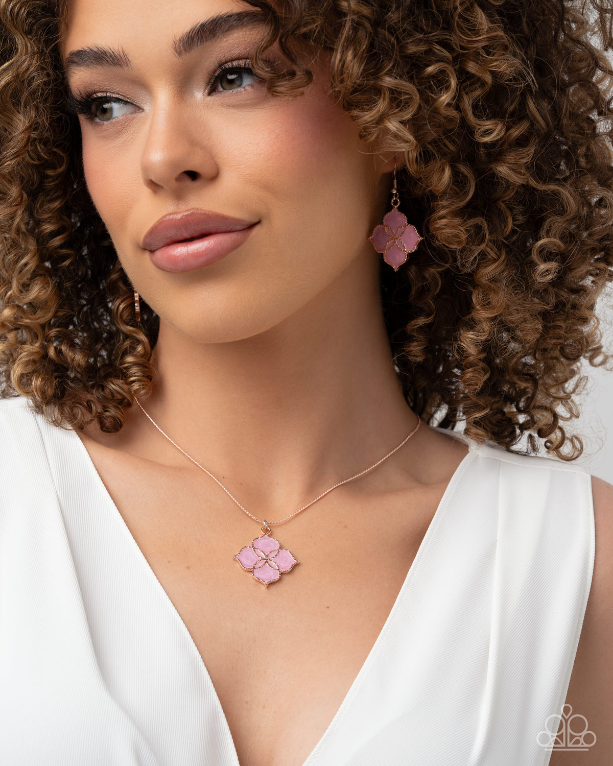Paparazzi Sunset Shore - Pink Foxglove Pearl Painted Rose Gold Quatrefoil Pendant Necklace & Earring Set