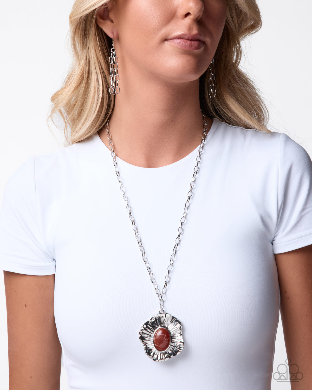 Paparazzi Elaborate Estate - Orange Stone Silver Flower Necklace